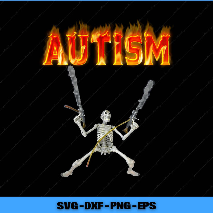 Skeleton holding flaming 'AUTISM' text on a black background Skeleton holding flaming 'AUTISM' text on a black background