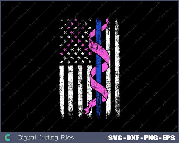 Blue Line Police US Flag Pink Ribbon Breast Cancer Awareness