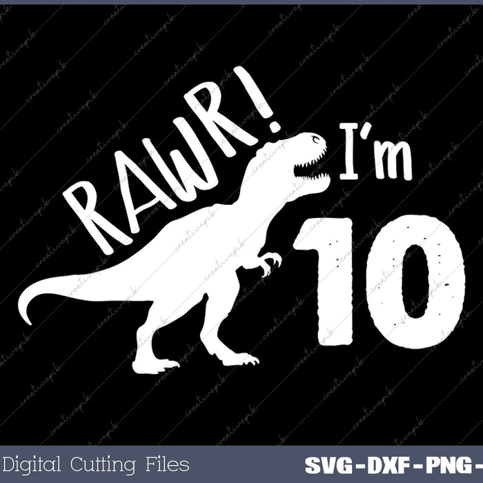 Rawr I'm Ten 10th Birthday T-rex Dinosaur 10 Years Old  Rawr I'm Ten 10th Birthday T-rex Dinosaur 10 Years Old