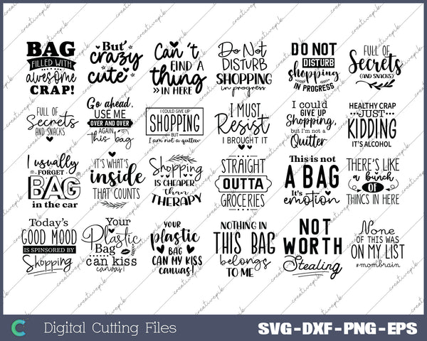 24 Funny Tote Bag Bundle, Tote Bag SVG PNG Cutting Printable Files