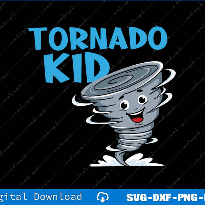Cartoon tornado with 'Tornado Kid' text on a black background