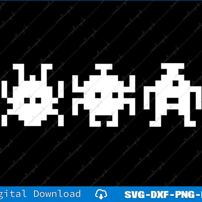 Three pixelated alien figures on a black background with digital download text at the bottom.