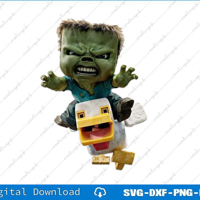 Toy figure of a green superhero with a duck-like head on a white background