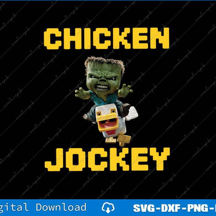 Illustration of a character with 'Chicken Jockey' text on a black background