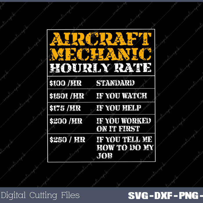 Aircraft Mechanic Hourly Rate SVG PNG Cutting Printable Files