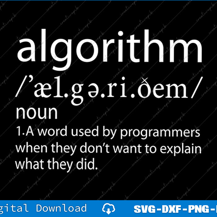 Definition of 'algorithm' with humorous explanation on a black background