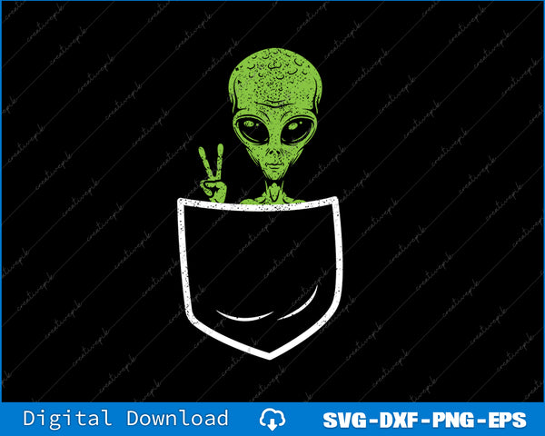Green alien giving a peace sign peeking out from a pocket on a black background.