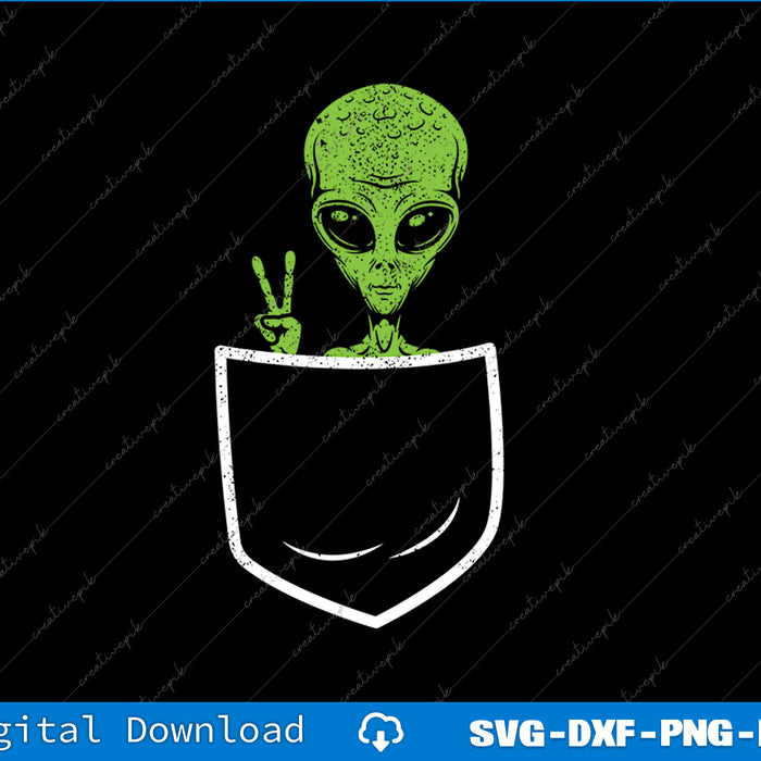 Green alien giving a peace sign peeking out from a pocket on a black background.
