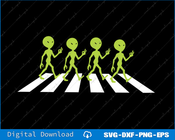 Four green aliens crossing a zebra crossing on a black background with digital download text.