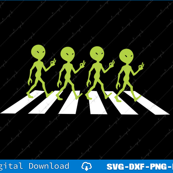 Four green aliens crossing a zebra crossing on a black background with digital download text.
