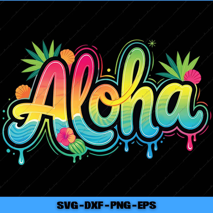 Colorful 'Aloha' text with tropical elements on a black background