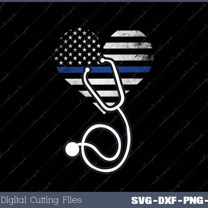 American Flag Heart with Police Thin Blue Line Nurse RN LVN SVG PNG Cutting Printable Files