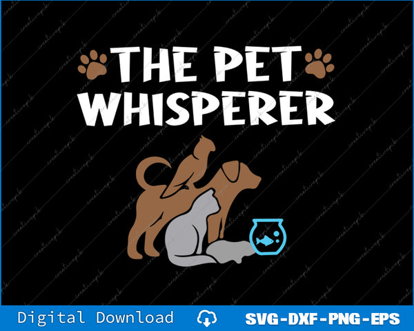 Design of 'The Pet Whisperer' with animals and a fish bowl on a black background.