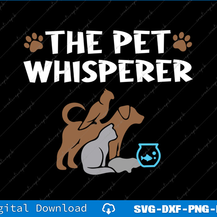 Design of 'The Pet Whisperer' with animals and a fish bowl on a black background.
