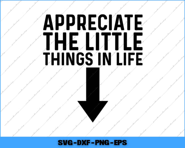 Motivational quote 'Appreciate the little things in life' with an arrow on a white background.