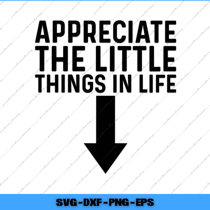 Motivational quote 'Appreciate the little things in life' with an arrow on a white background.