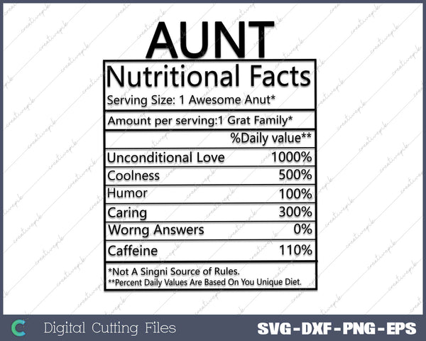 Aunt Nutritional Facts SVG PNG Cutting Printable