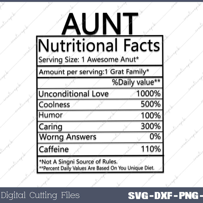 Aunt Nutritional Facts SVG PNG Cutting Printable