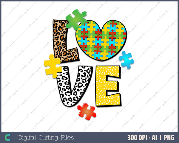 Autism Awareness Love Puzzle AI PNG Sublimation File