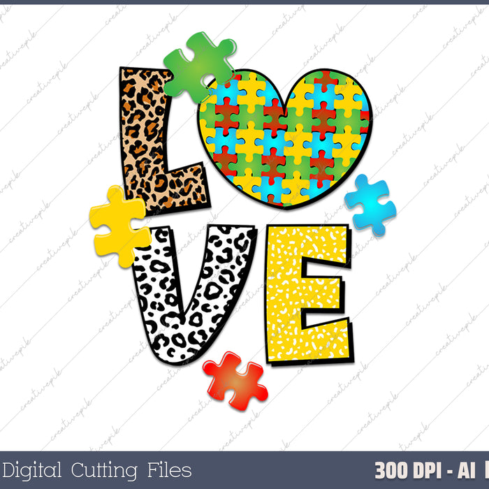 Autism Awareness Love Puzzle AI PNG Sublimation File