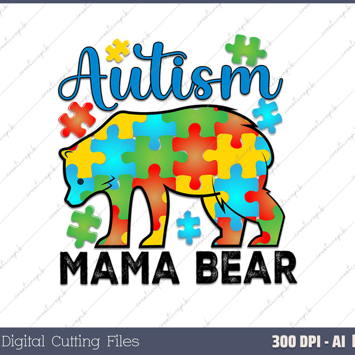 Autism Awareness Mama Bear Mom Autistic Child AI PNG Sublimation File