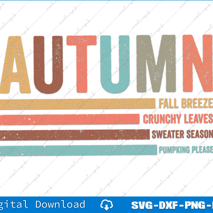 Autumn-themed text with colorful letters on a white background