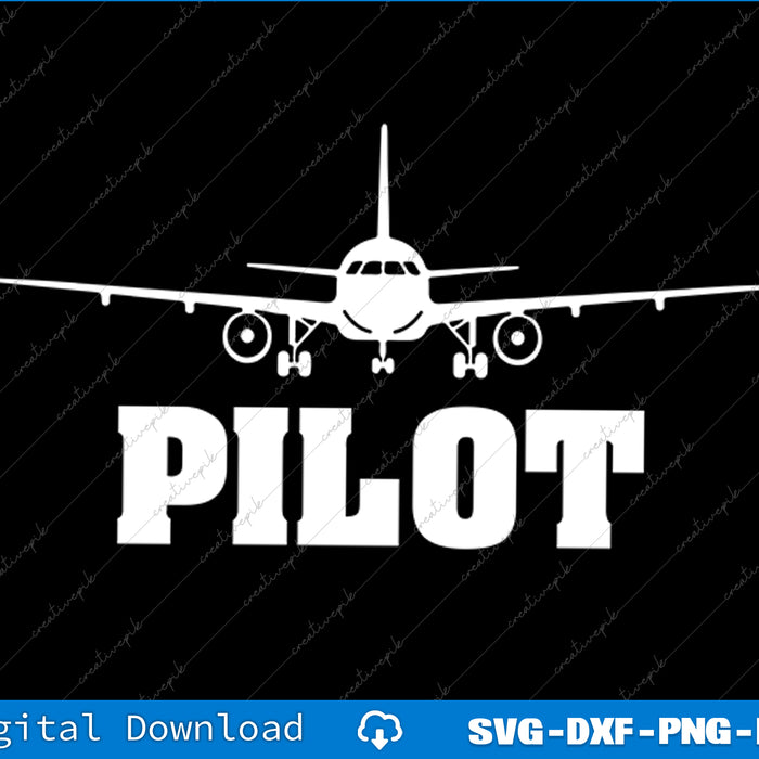 White airplane and 'PILOT' text on a black background with digital download options at the bottom.