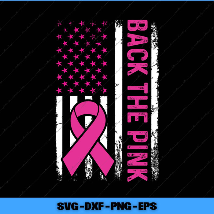 American flag with pink stars and a pink ribbon, featuring 'Back the Pink' text on a black background.