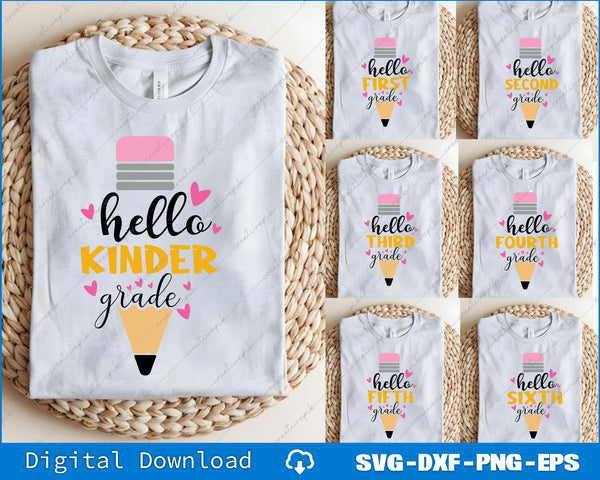 Set of t-shirts with 'hello' grade level text on a woven mat