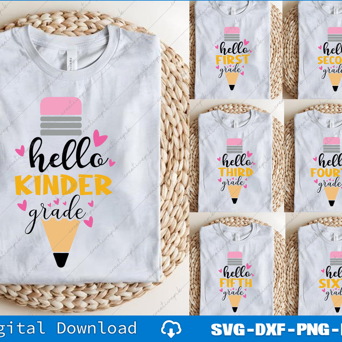 Set of t-shirts with 'hello' grade level text on a woven mat