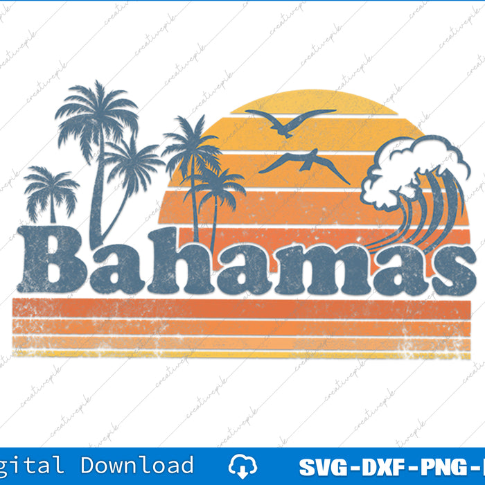 Bahamas Beach Summer Vacation Sunset Vintage 70's Retro SVG PNG Cutting Files