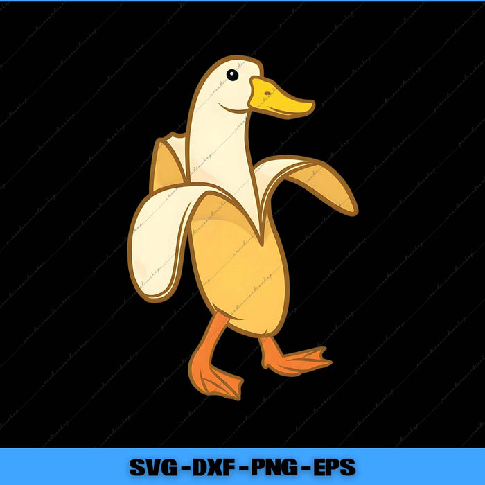 Cartoon duck with banana peel on a black background