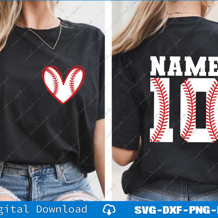 Baseball Custom Name And Number, Baseball Heart SVG PNG Back And Front Files