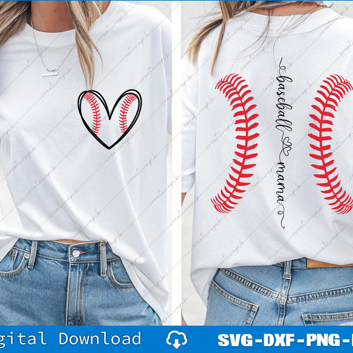 Baseball Heart, Baseball Mama Funny Baseball SVG PNG Back And Frond Files