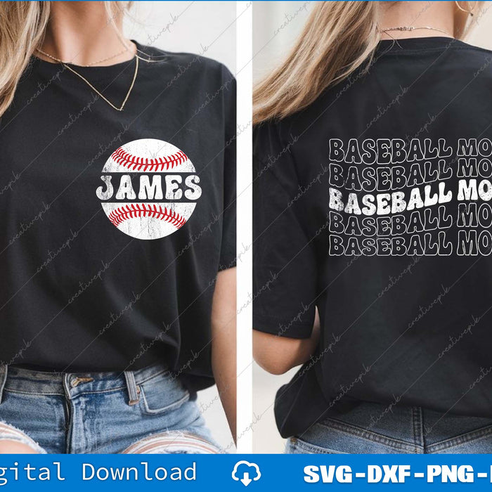 Baseball Mom Distressed, Custom Baseball Name SVG PNG Back And Front Files