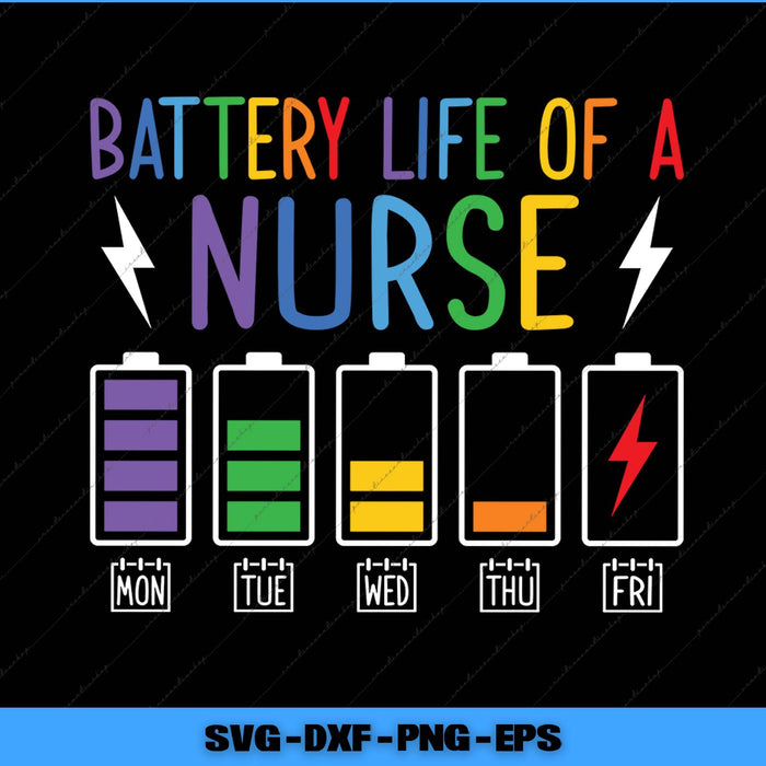 Colorful graphic with 'Battery Life of a Nurse' text and battery icons on a black background.