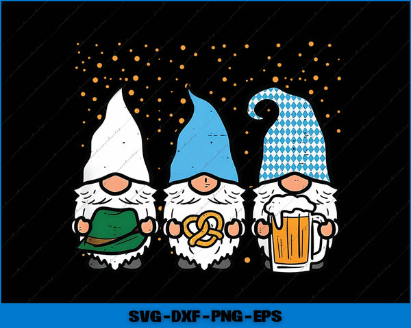 Three cartoon gnomes with a pretzel, beer, and green item on a black background.