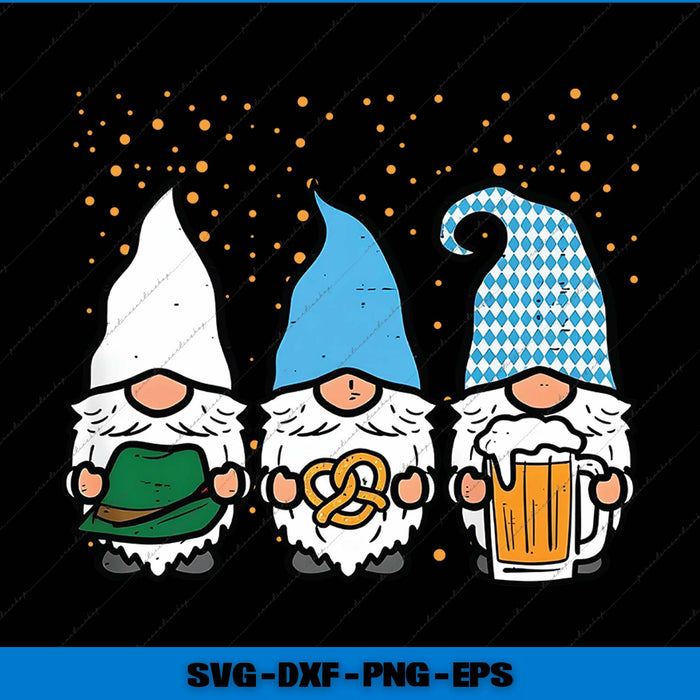 Three cartoon gnomes with a pretzel, beer, and green item on a black background.
