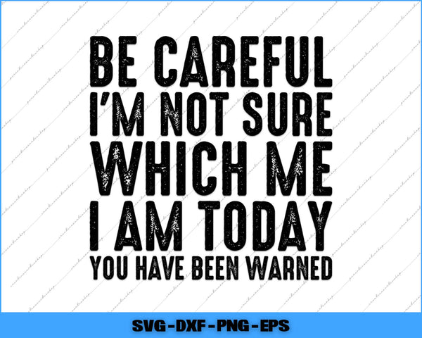 Text graphic with humorous quote 'Be careful I'm not sure which me I am today you have been warned' on a white background.