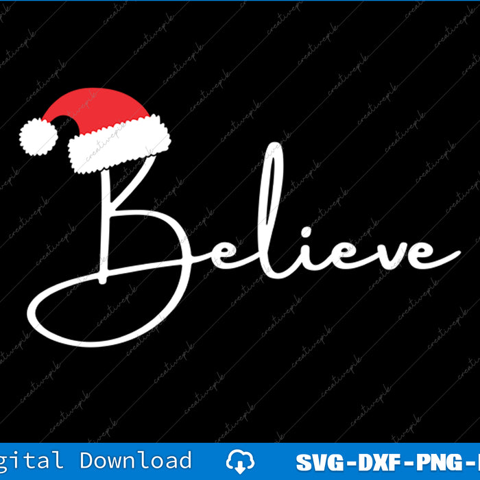 Christmas-themed design with 'Believe' text and Santa hat on a black background