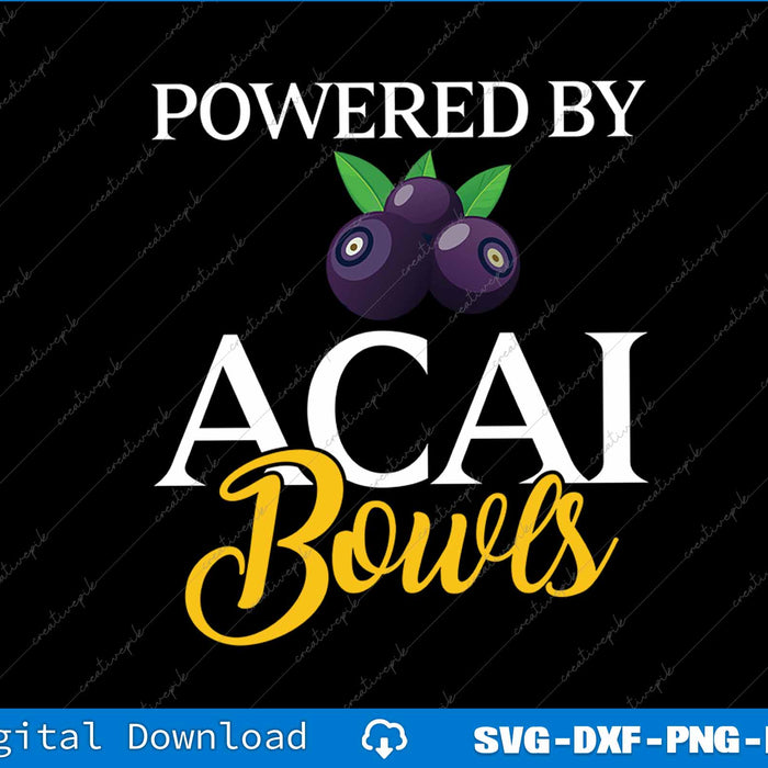 Text 'Powered by Acai Bowls' with a graphic of acai berries on a black background.