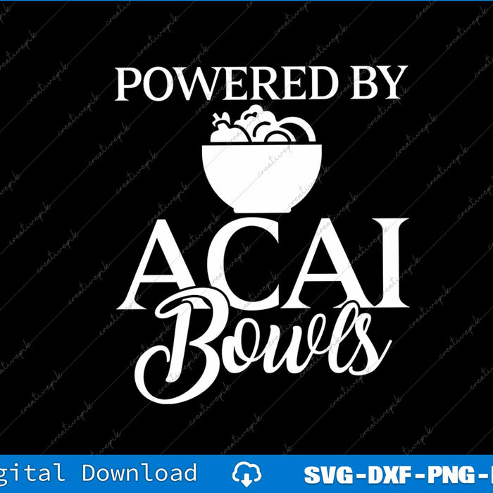 Logo with 'Powered by Acai Bowls' text and a bowl icon on a black background.