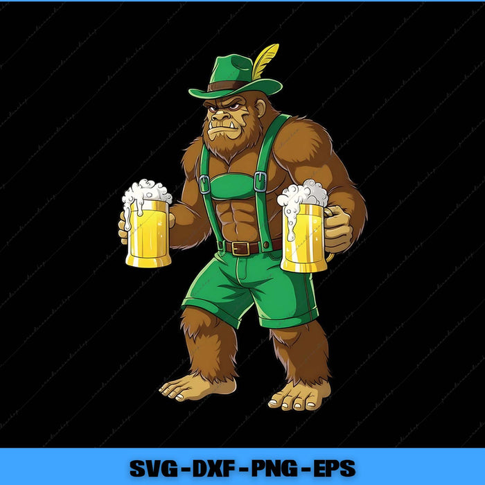 Cartoon Sasquatch in Leprechaun outfit holding beers on a black background