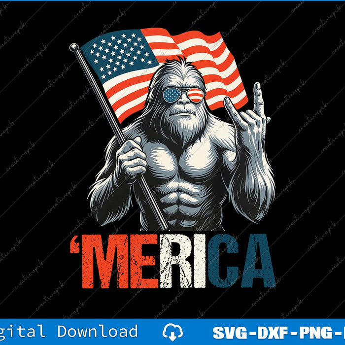 Bigfoot Merica Rock American Flag Patriotic 4th Of July SVG PNG Printable File