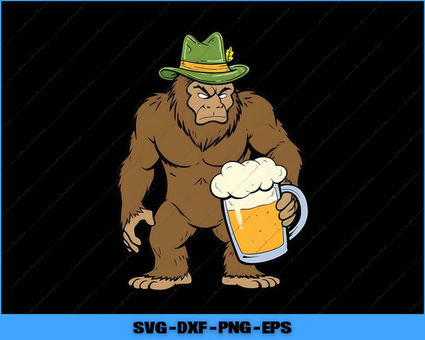 Cartoon gorilla wearing a green hat holding a mug of beer on a black background.