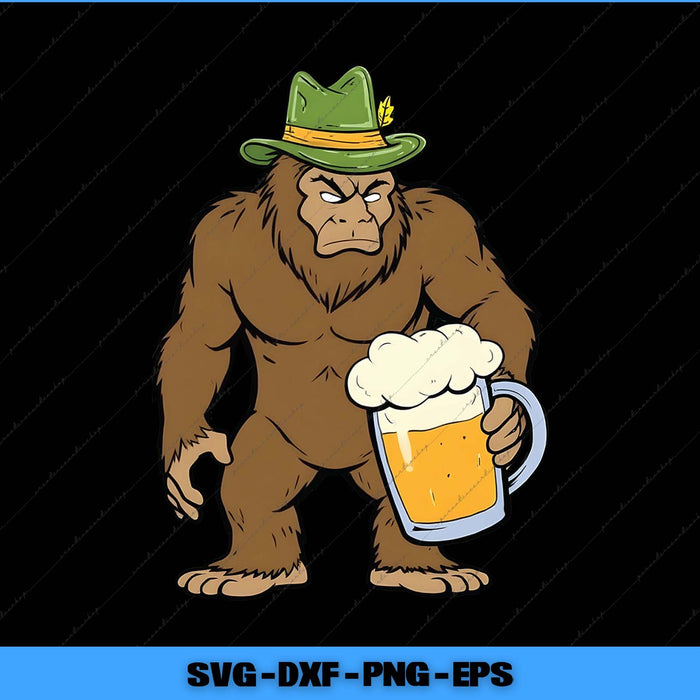 Cartoon gorilla wearing a green hat holding a mug of beer on a black background.