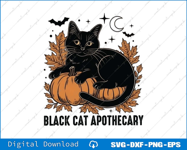 Black cat on a pumpkin with autumn leaves and bats, featuring 'Black Cat Apothecary' text.