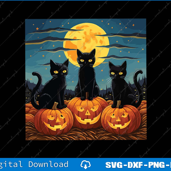 Three black cats on pumpkins with a full moon in the background, suitable for Halloween.