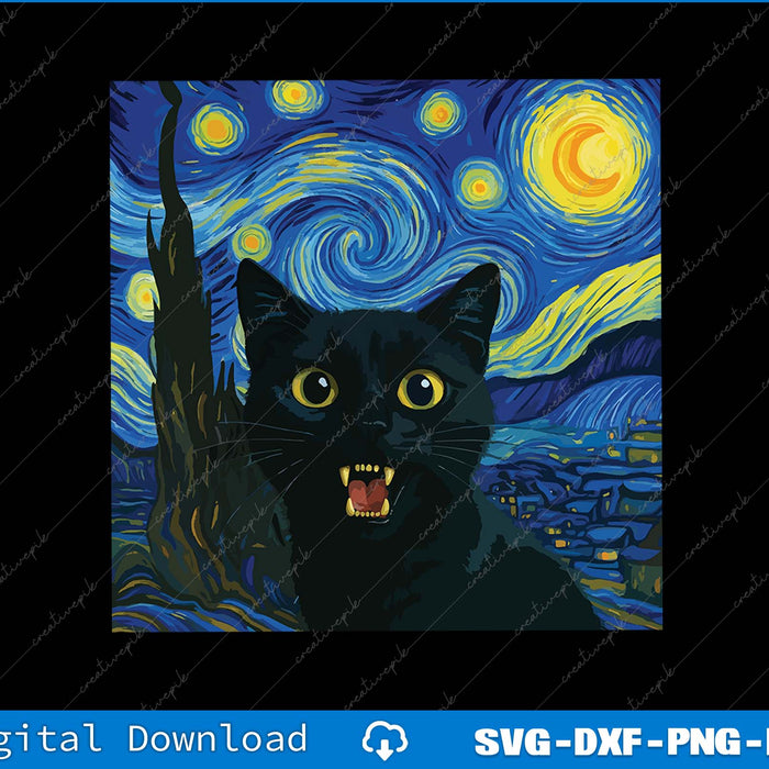 Black cat with open mouth superimposed on Van Gogh's 'Starry Night' painting