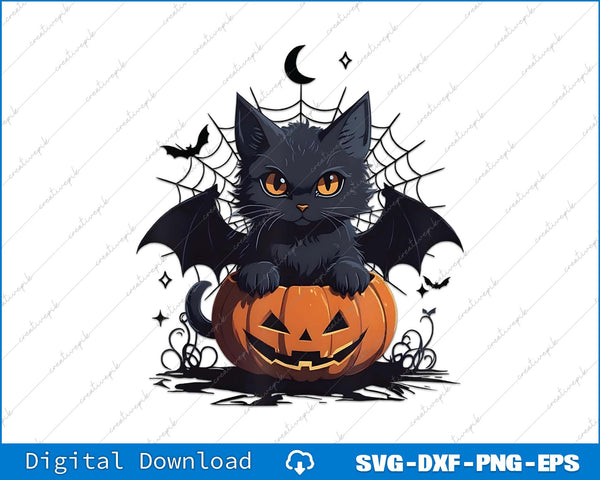 Halloween-themed black cat with bat wings and pumpkin on a white background